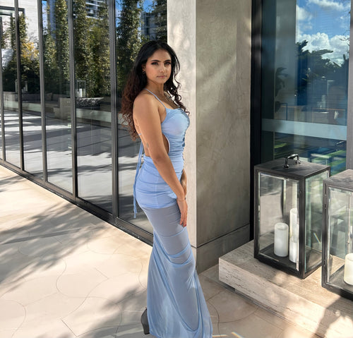 DIVINE HIGH SPLIT MESH MAXI DRESS - BLUE