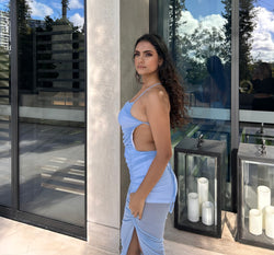 DIVINE HIGH SPLIT MESH MAXI DRESS - BLUE