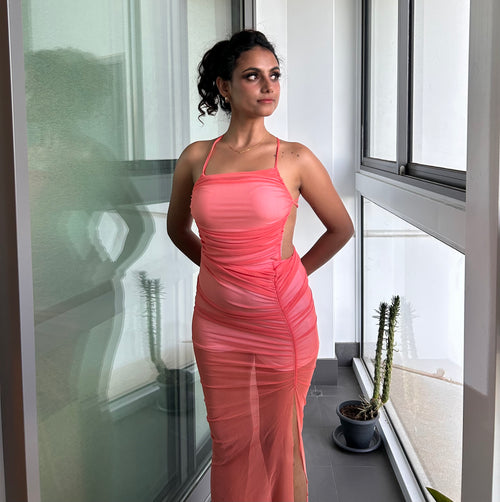 DIVINE HIGH SPLIT MESH MAXI DRESS - PINK