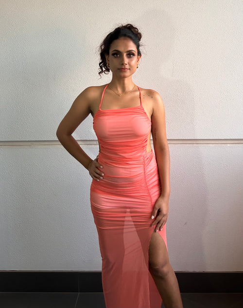 DIVINE HIGH SPLIT MESH MAXI DRESS - PINK