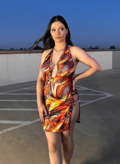 FIRE SPLIT MINI DRESS - ORANGE