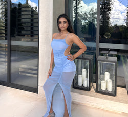 DIVINE HIGH SPLIT MESH MAXI DRESS - BLUE