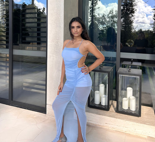 DIVINE HIGH SPLIT MESH MAXI DRESS - BLUE