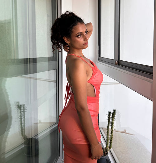 DIVINE HIGH SPLIT MESH MAXI DRESS - PINK
