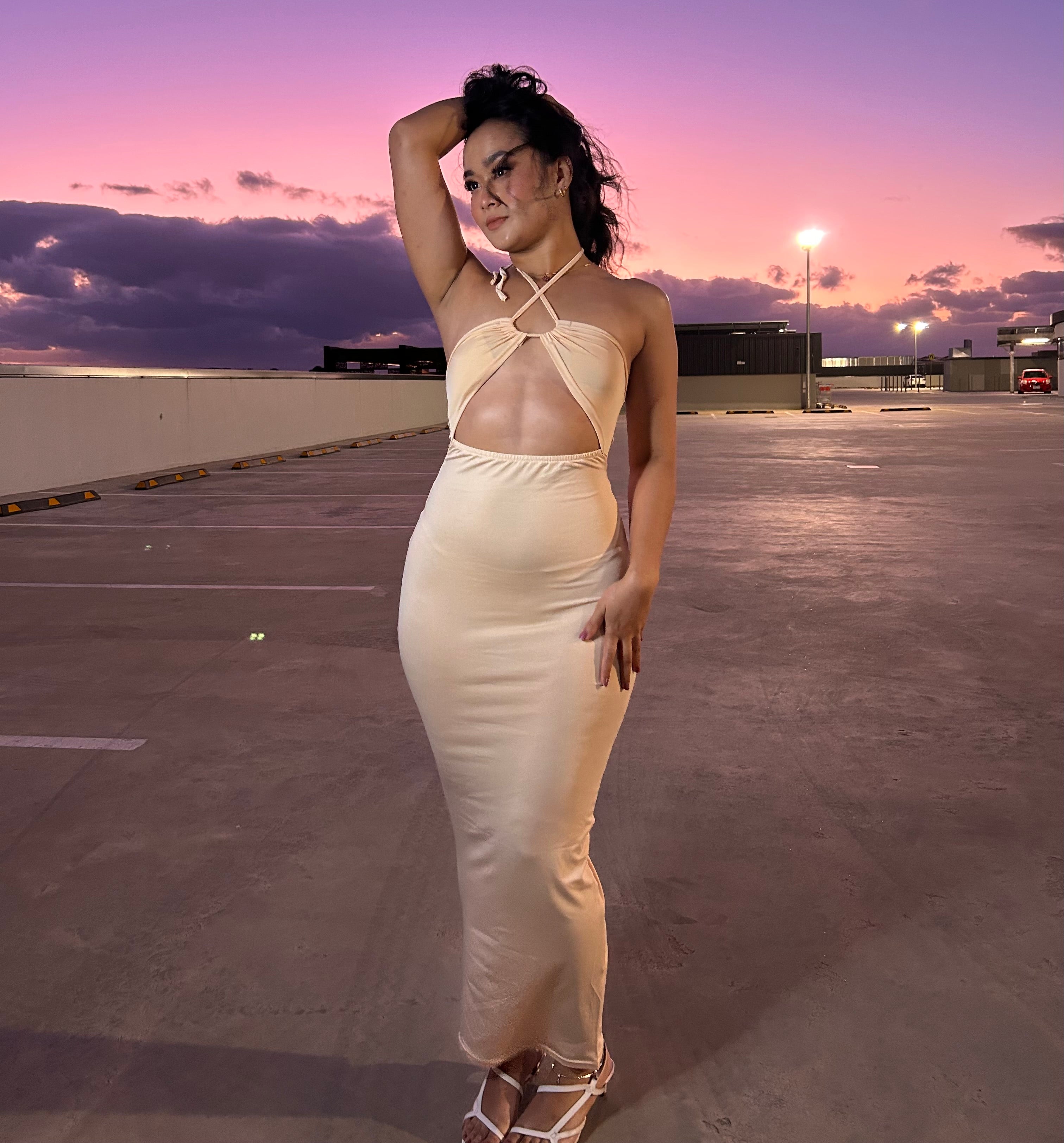 beige khaki dress Hilda Khaki Cape Design Satin Midi Dress (Final Sale-US Only), S / Neutrals